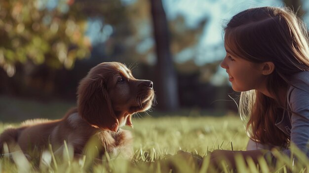 Schöne junge Frau spielt mit ihrem Hund auf dem Gras im Park