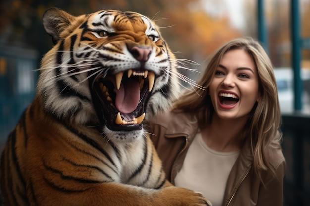 Foto schöne junge frau spielt und brüllt mit tiger