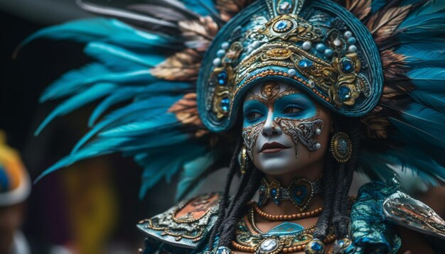 Schöne junge Frauen in traditioneller Kleidung lächeln während der durch künstliche Intelligenz generierten Parade in die Kamera