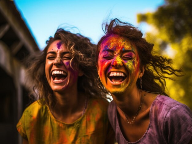 schöne junge Frauen spielen Holi Farben