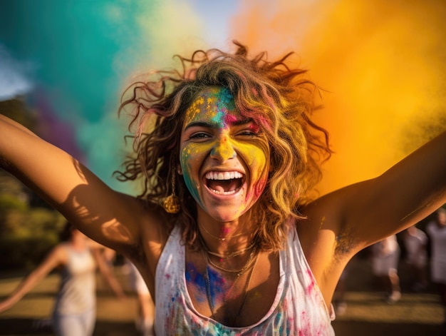 schöne junge Frauen spielen Holi Farben