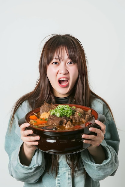 Schöne junge Frauen, Supermodels chinesischer Abstammung, halten Hot Pot-Essen mit ausdrucksstarkem Ausdruck