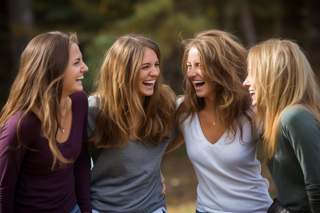 Foto schöne junge freunde lachen in niedriger sicht