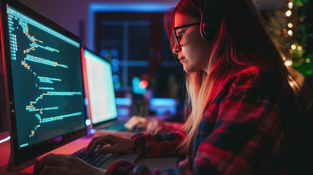 schöne junge Hacker-Programmiererin sitzt an einem Laptop