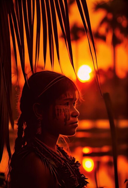 Schöne junge indigene Frau bei Sonnenuntergang im AmazonasGenerative KI