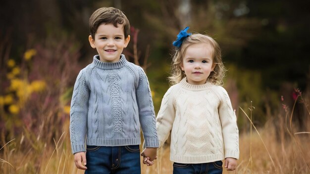 Schöne junge kaukasische Jungen und Mädchen tragen gestrickte Pullover und Jeans