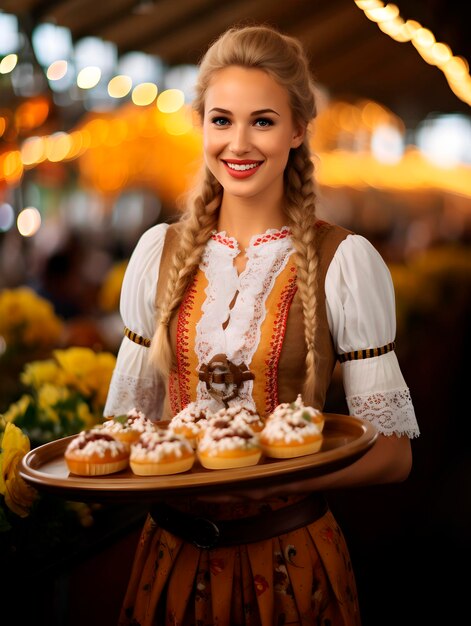 Schöne junge Kellnerin lächelt und hält Gläser Bier auf dem Oktoberfest Bierfestival