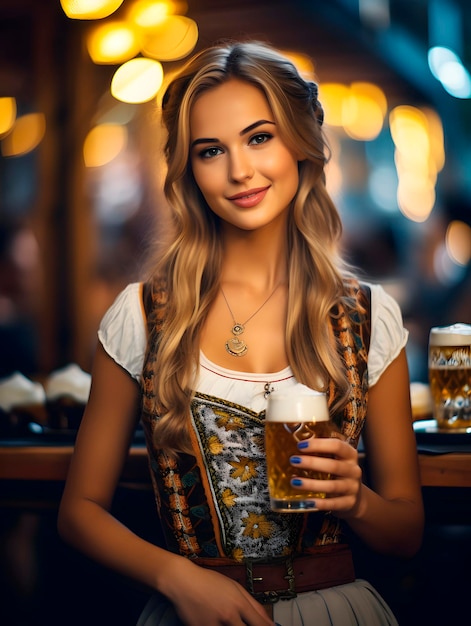 Schöne junge Kellnerin lächelt und hält Gläser Bier auf dem Oktoberfest Bierfestival