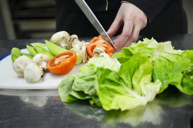 Schöne junge Köchin bereitet leckeres Essen in der Küche zu und dekoriert es