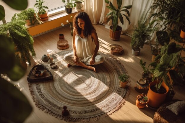 Schöne junge Kundalini-Yoga-Frau in Lotus-Pose im Boho-Stil