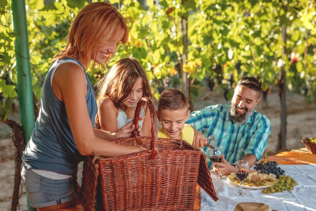 Schöne junge lächelnde vierköpfige Familie, die Picknick an einem Weinberg hat.