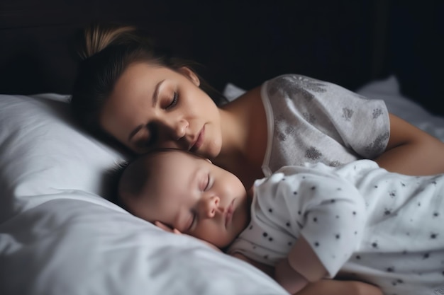 Schöne junge Mutter mit ihrem neugeborenen Baby auf dem Bett zu Hause Selektiver Fokus Generative KI