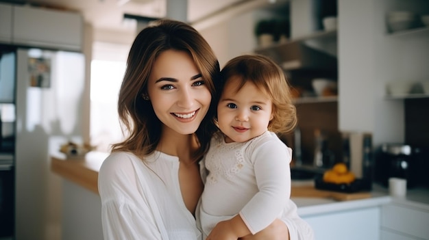 Schöne junge Mutter mit ihrer süßen kleinen Tochter in der Küche