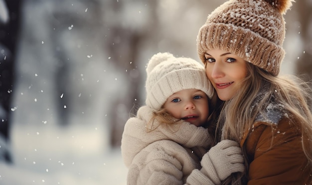 Schöne junge Mutter und ihre kleine süße Tochter haben im Winter Spaß im Freien Winterferien