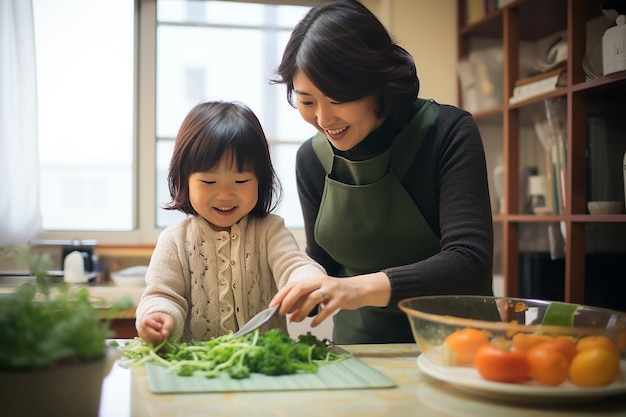 Schöne junge Mutter und ihre süße kleine Tochter kochen zusammen in der Küche