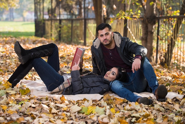 Schöne junge Paare, die an einem schönen Herbsttag im Park sitzen, lesen sie ein Buch
