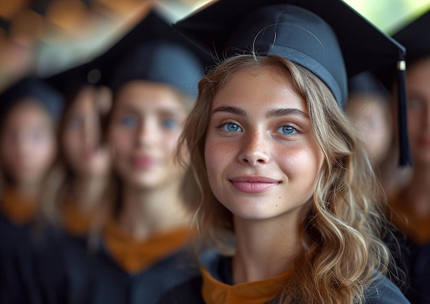 Foto schöne junge studentin am abschlusstag des collegesmacroai generative