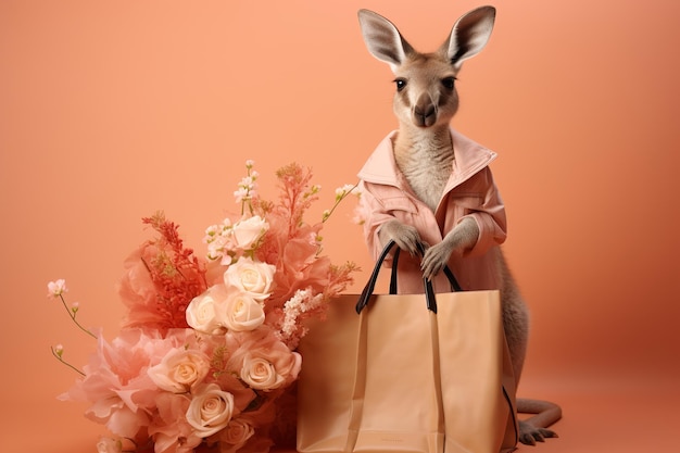 Schöne Känguru mit einem Blumenstrauß und einer Tasche auf einem hellen pfirsichfarbenen Hintergrund