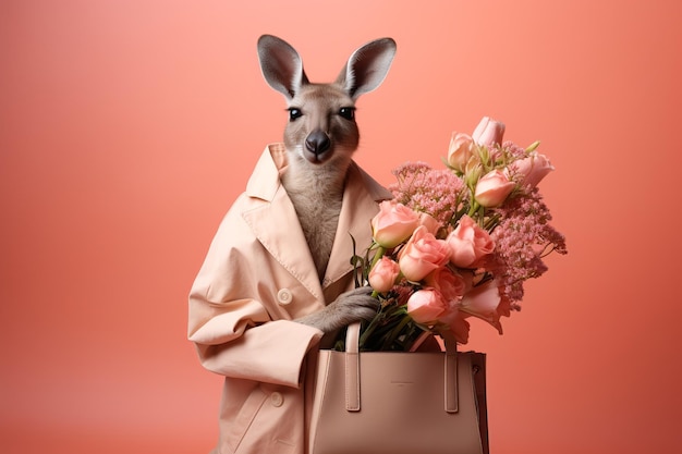 Foto schöne känguru mit einem blumenstrauß und einer tasche auf einem hellrosa hintergrund