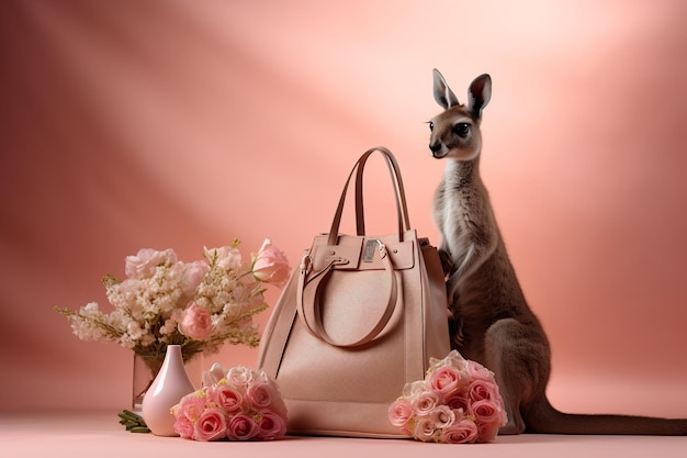 Schöne Känguru mit einem Blumenstrauß und einer Tasche auf einem hellrosa Hintergrund