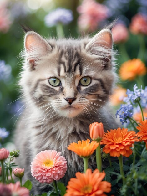 schöne Kätzchenkatze, die im Freien von frischen Blumen umgeben ist