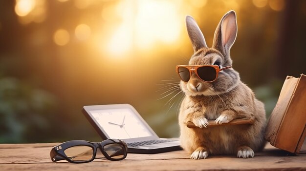 Foto schöne kaninchen mit laptop und wecker