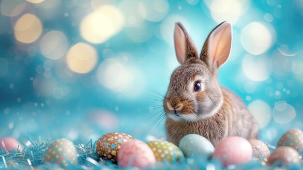 Schöne Kaninchen und farbenfrohe Ostereier auf blauem Hintergrund mit Bokeh-Kopierraum