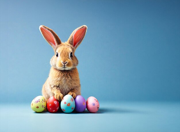 Foto schöne kaninchen und ostereier auf blauem hintergrund ki künstliche intelligenz generativ