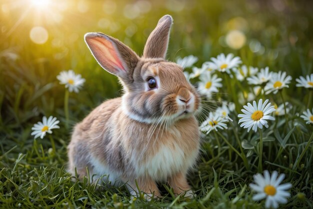 Schöne Kaninchen unter Gänseblümchen im Sonnenlicht