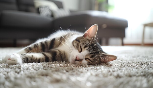 Schöne Katze auf dem Teppich im Wohnzimmer