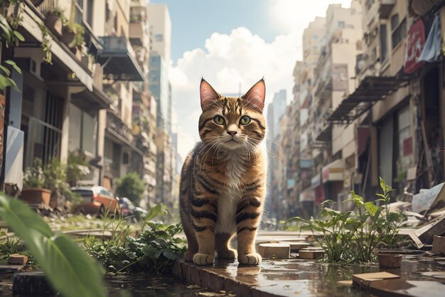 Schöne Katze auf der grünen Stadtstraße