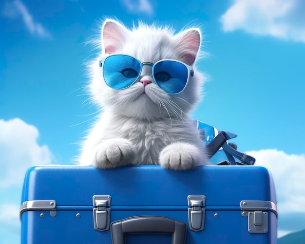 Schöne Katze auf einem blauen Koffer mit Sonnenbrille AI Generative