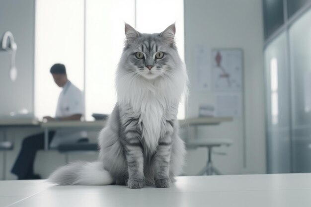 Schöne Katze bei einer tierärztlichen Untersuchung in einer medizinischen Klinik mit einem Tierarzt im Hintergrund