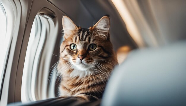 Schöne Katze, die während des Fluges durch das Flugzeugfenster schaut Reisen mit Haustier