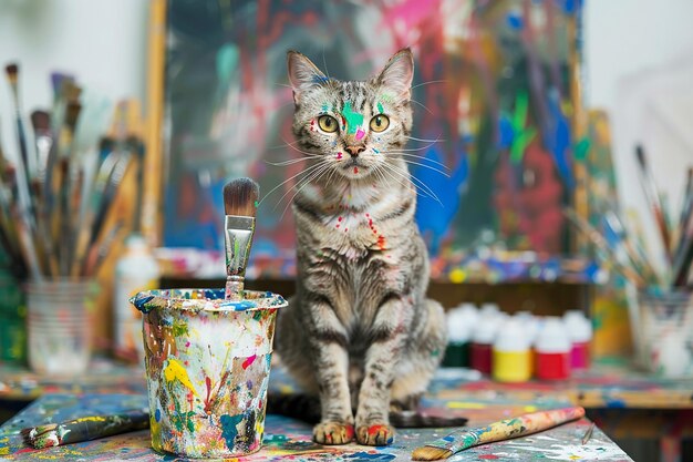 Schöne Katze, eine mit Farben beschmierte Künstlerin sitzt in der Nähe des Staffels und der Pinsel in einer Kunstwerkstatt