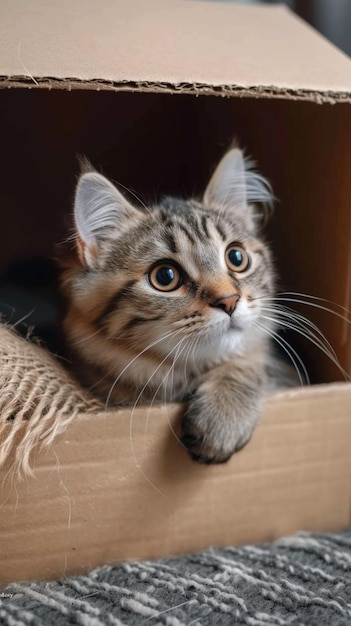 Schöne Katze genießt eine Kiste auf dem Teppich Vertikale mobile Tapete