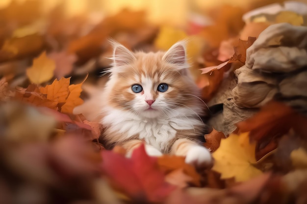 Schöne Katze im Herbstwald im Sonnenlicht