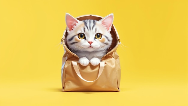Schöne Katze in einer Tasche auf gelbem Hintergrund