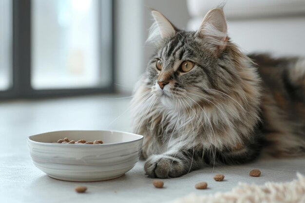 Foto schöne katze isst aus einer schüssel auf dem boden gegen den hintergrund generative ai