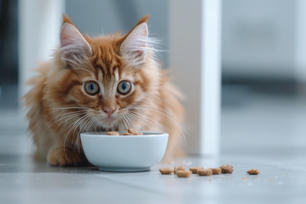 Schöne Katze isst aus einer Schüssel auf dem Boden gegen den Hintergrund Generative KI