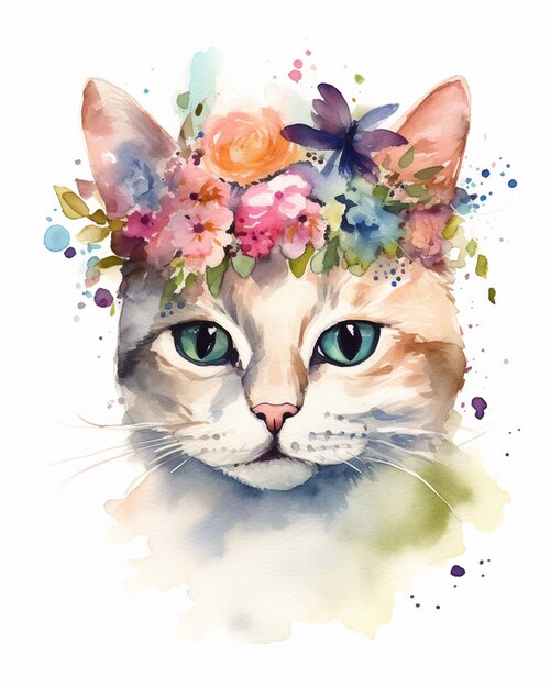 Schöne Katze mit Blumenkrone, die eine von KI erzeugte Berührung hinzufügt