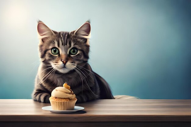 Schöne Katze mit Eiscreme auf blauem Hintergrund