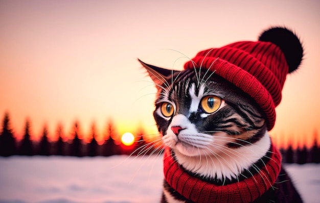 Schöne Katze mit gestrickter Mütze auf dem Hintergrund eines Winterwaldes