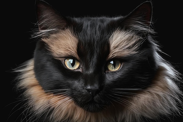 schöne Katze mit schwarzen Augen auf schwarzem Hintergrundschöne Katze mit großen Augen Nahaufnahme Porträt