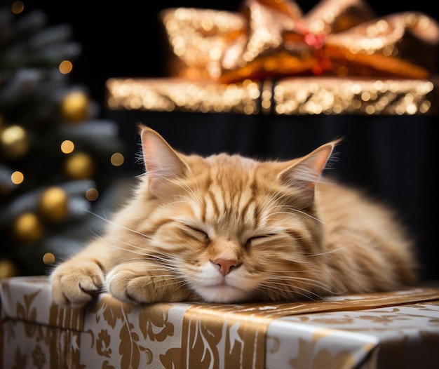 Schöne Katze mit Weihnachtsgeschenkkisten Schöne Katze in einer Weihnachtskomposition