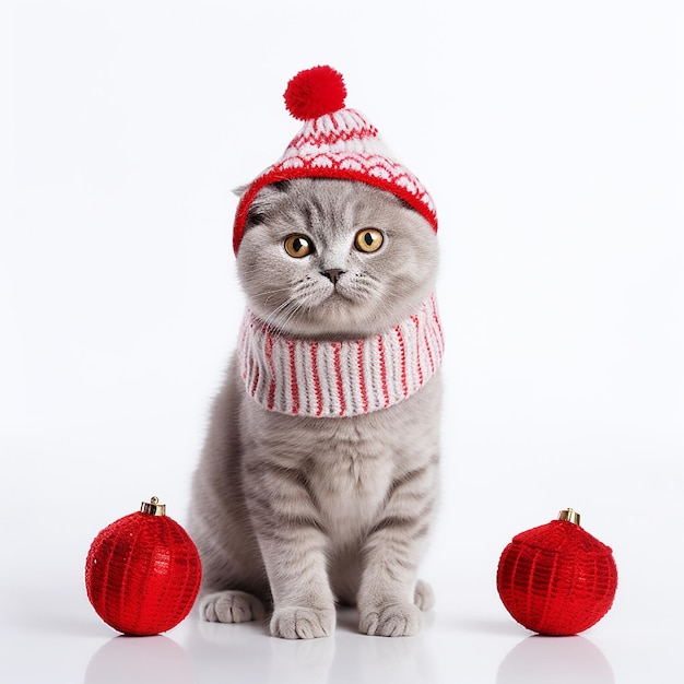 Foto schöne katze mit weihnachtsmannshut und schal winterfoto-illustration