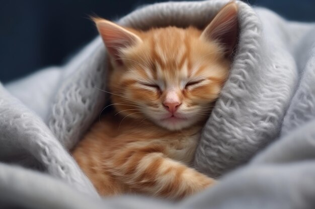 Foto schöne katze schläft in einer warmen decke im kalten winter, generiert von ki