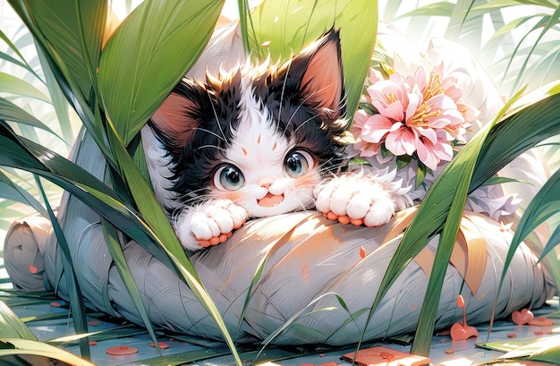 Schöne Katze, schöne kleine Katzen, schöne Kätzchen sitzen auf einem Blumenfeld, anime Katze, cute anime Katze Kätzchen c