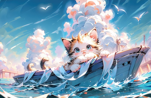 Schöne Katze, schöne kleine Katzen, schöne Kätzchen sitzen auf einem Blumenfeld, anime Katze, cute anime Katze Kätzchen c
