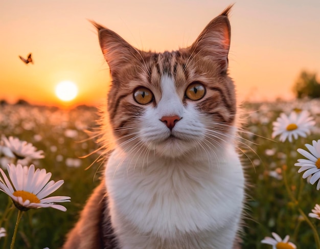 Foto schöne katze sitzt auf einem gänseblümchenfeld bei sonnenuntergang sommerlandschaft